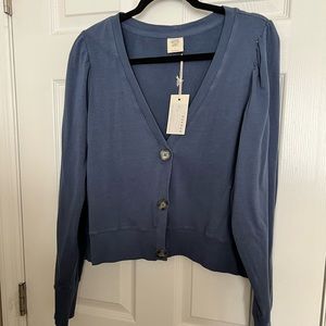Matilda Jane Ames Womens Puff Sleeve Cardigan in blue, size large.